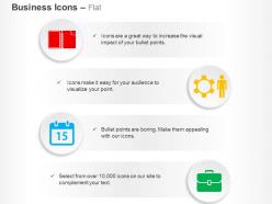 Diary gears calendar suitcase ppt icons graphics