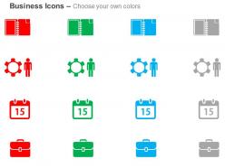 Diary gears calendar suitcase ppt icons graphics