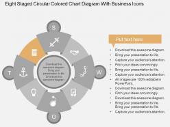 Eight staged circular colored chart diagram with business icons flat powerpoint design