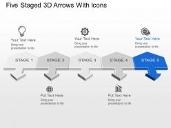 Five staged 3d arrows with icons powerpoint template slide