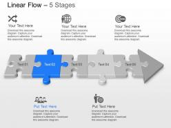 Five staged linear arrow made with puzzles and icons powerpoint template slide