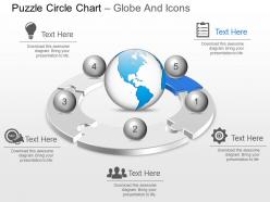 Five staged puzzle circle chart globe and icons ppt presentation slides