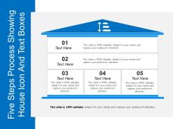 Five steps process showing house icon and text boxes