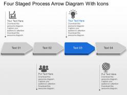 Four staged process arrow diagram with icons powerpoint template slide