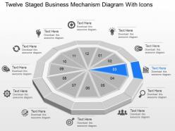 Gy twelve staged business mechanism diagram with icons powerpoint template