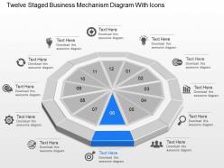 Gy twelve staged business mechanism diagram with icons powerpoint template
