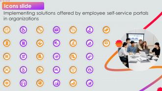 Icons Slide Implementing Solutions Offered By Employee Self Service Portals In Organizations PPT Template