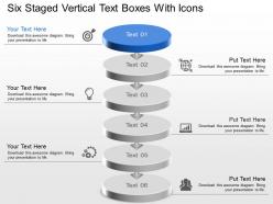 Kg six staged vertical text boxes with icons powerpoint template