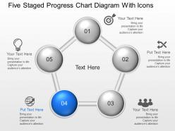 Lv five staged progress chart diagram with icons powerpoint template slide