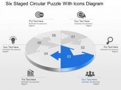 Mn six staged circular puzzle with icons diagram powerpoint template slide