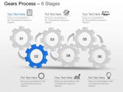 Nd six staged gear with icons diagram powerpoint template slide