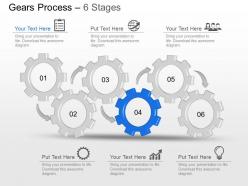 Nd six staged gear with icons diagram powerpoint template slide