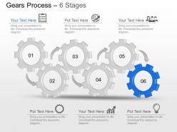 Nd six staged gear with icons diagram powerpoint template slide