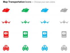 Ship plane passport car transport ppt icons graphics