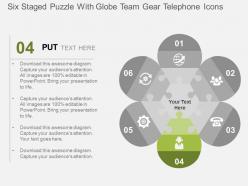 Six staged puzzle with globe team gear telephone icons flat powerpoint design