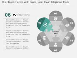 Six staged puzzle with globe team gear telephone icons flat powerpoint design