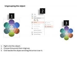 Six staged puzzle with globe team gear telephone icons flat powerpoint design