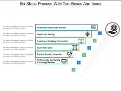 Six steps process with text boxes and icons