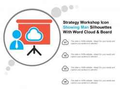 Strategy workshop icon showing man silhouettes with word cloud and board