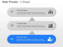 Three staged linear process flow diagram and icons powerpoint template slide