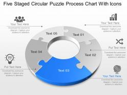 Xm five staged circular puzzle process chart with icons powerpoint template