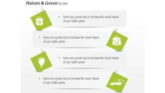 Nature green energy icons for car and bulb wiyh recycle symbol editable icons