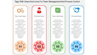 Tags with gears and icons for team management and process control flat powerpoint design