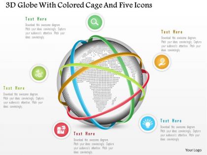 1214 3d globe with colored cage and five icons powerpoint template