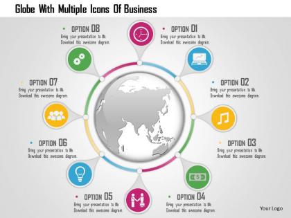 1214 globe with multiple icons of business powerpoint template