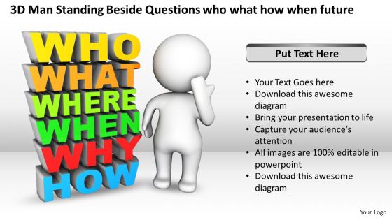 3d man standing beside questions who what how when future ppt graphics icons