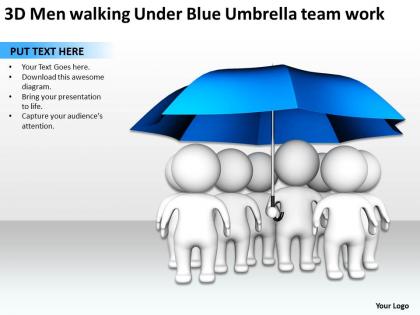 3d men walking under blue umbrella team work ppt graphic icon