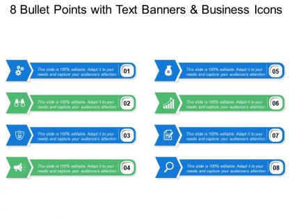 8 bullet points with text banners and business icons
