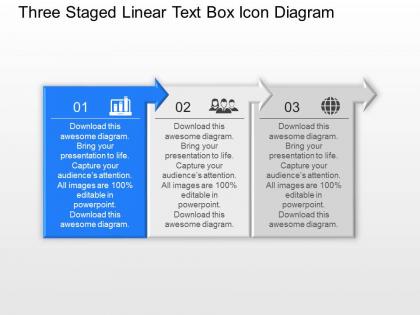 Ak three staged linear text box icon diagram powerpoint template slide
