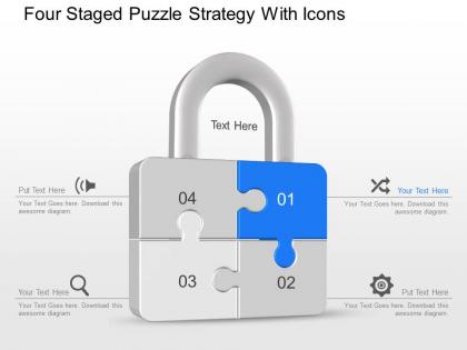 Av four staged puzzle strategy with icons powerpoint template