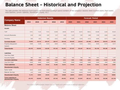 Balance sheet historical and projection forecast period ppt powerpoint presentation file icon