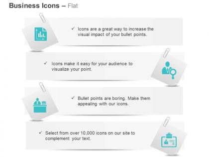 Bar chart searching business man on desk identity card ppt icons graphics