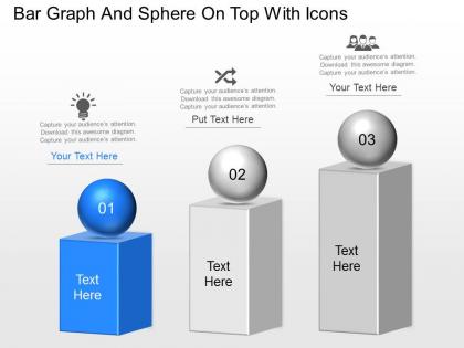 Bar graph and sphere on top with icons powerpoint template slide