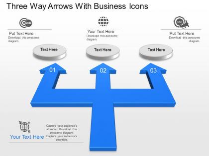 Be three way arrows with business icons powerpoint template slide