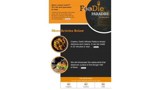 One Page Food Blogger Email Newsletter Presentation Report Infographic Ppt Pdf Document