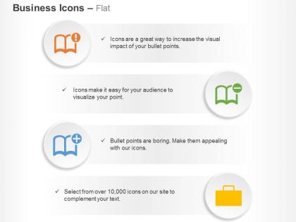 Book setting add delete briefcase ppt icons graphics