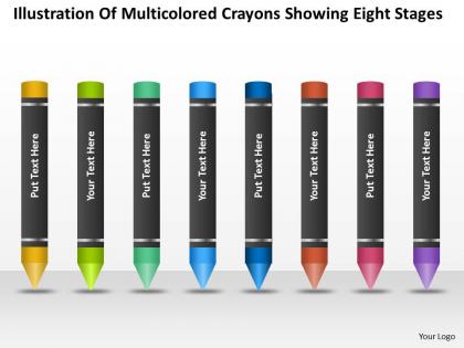Business analysis diagrams of multicolored crayons showing eight stages powerpoint slides