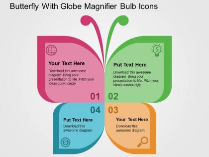 Butterfly with globe magnifier bulb icons flat powerpoint design