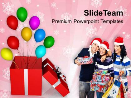 Christmas greeting ornament wishing merry with gifts and balloons templates ppt backgrounds for slides