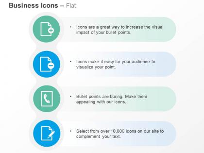 Document plus minus tele call pencil paper ppt icons graphics