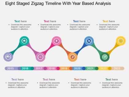 Eight staged zigzag timeline with year based analysis flat powerpoint design