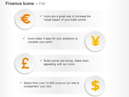 Euro pound yen dollar currencies ppt icons graphics