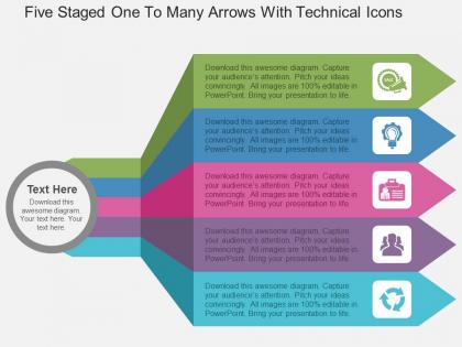 Fc five staged one to many arrows with technical icons flat powerpoint design