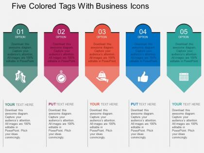 Five colored tags with business icons flat powerpoint design
