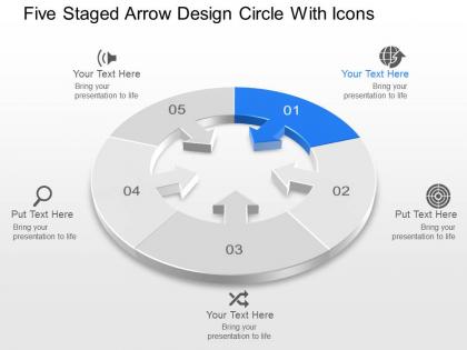 Five staged arrow design circle with icons powerpoint template slide