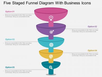 Five staged funnel diagram with business icons flat powerpoint design